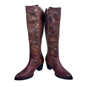 SPRING STEP L'Artiste Knee High Boots Size EU 40 | US 9 Brown Leather Floral